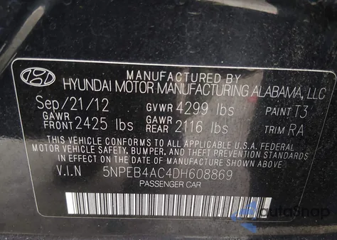 2013 Hyundai Sonata Gls из США, поврежденный, VIN 5NPEB4AC4DH608869